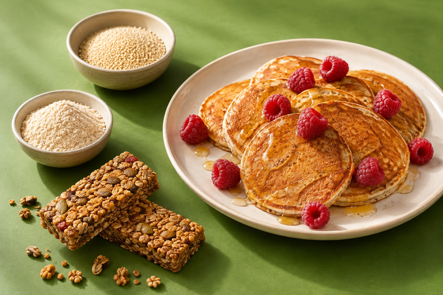 Hot cakes dorados, amaranto y barras de granos y semillas sobre una mesa verde